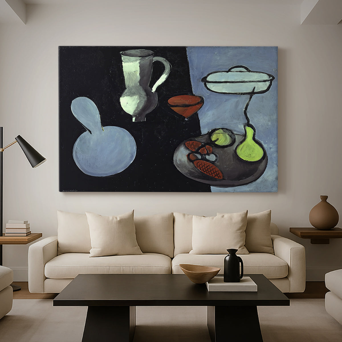 Canvas art print featuring a sparse tabletop composition with curved vegetable forms, displayed in a spacious living room