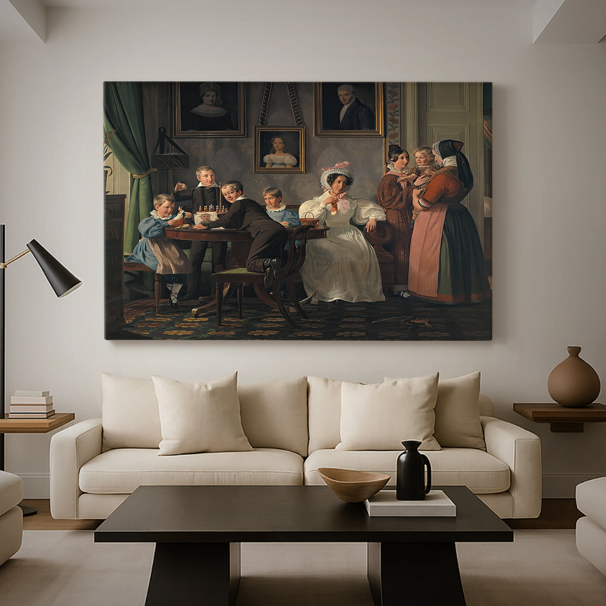 Canvas art print featuring a domestic composition showing family interaction, displayed in a spacious living room