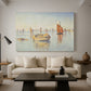 Canvas art print featuring a pointillist harbor at dawn, displayed in a spacious living room