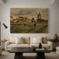 Canvas art print featuring a countryside composition with houses and working figures, displayed in a spacious living room