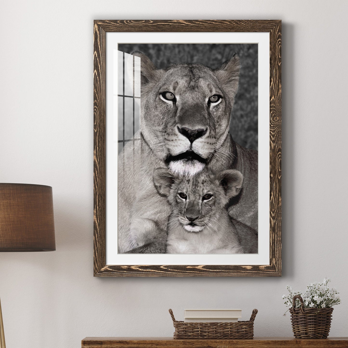 Lioness and Cub - Premium Framed Print - Distressed Barnwood Frame - Ready to Hang