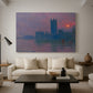Canvas art print featuring an atmospheric London scene with buildings fading into haze, displayed in a spacious living room