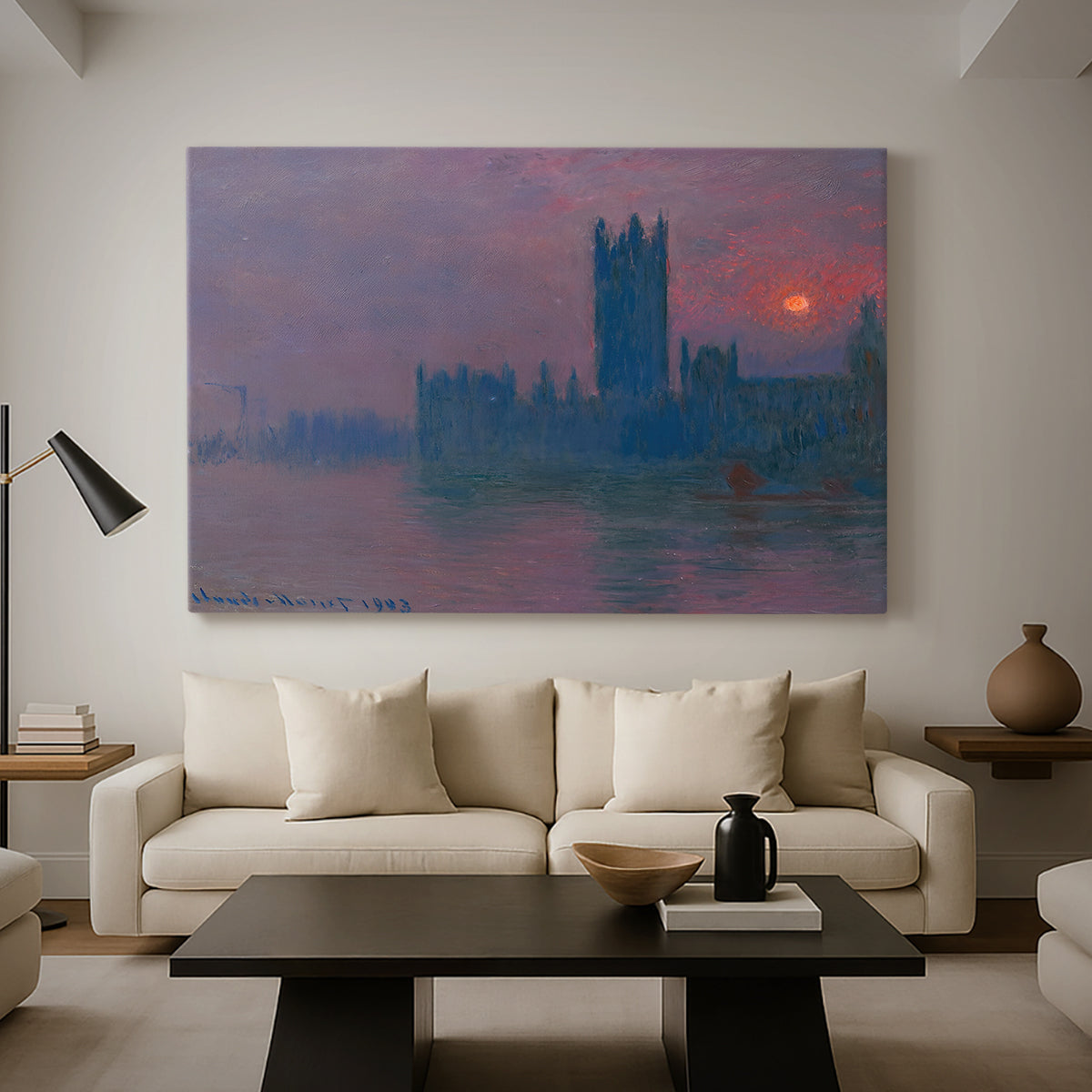 Canvas art print featuring an atmospheric London scene with buildings fading into haze, displayed in a spacious living room