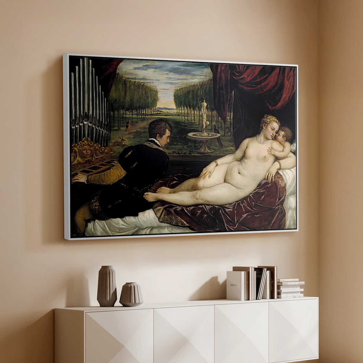 Venus with an Organist and Cupid, c. 1555 - Floater Framed Canvas Print