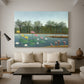 Canvas art print featuring a stylized composition of flamingos in natural setting, displayed in a spacious living room