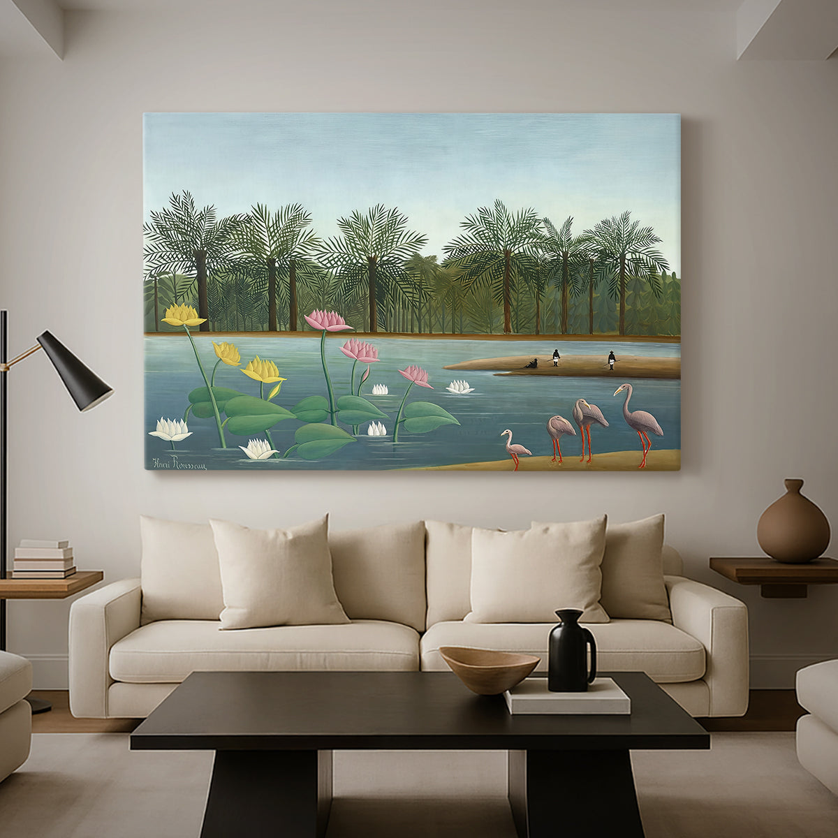 Canvas art print featuring a stylized composition of flamingos in natural setting, displayed in a spacious living room