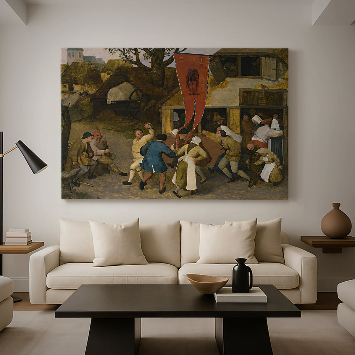 Canvas art print featuring a lively village gathering with multiple figures interacting, displayed in a spacious living room