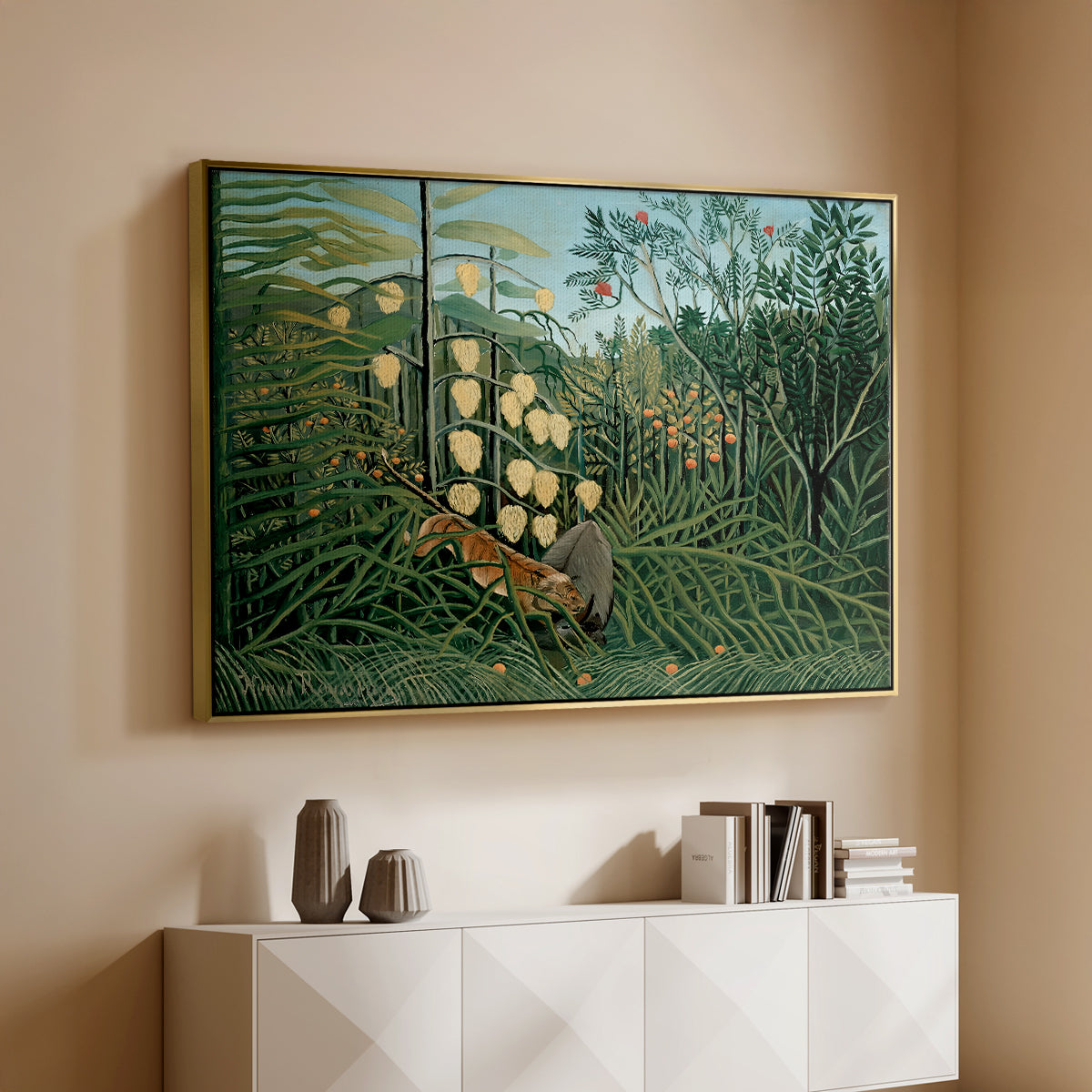 Fight Between a Tiger and a Buffalo, 1908 - Floater Framed Canvas Print