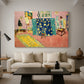 Canvas art print featuring an expressive interior of a bright pink workspace, displayed in a spacious living room