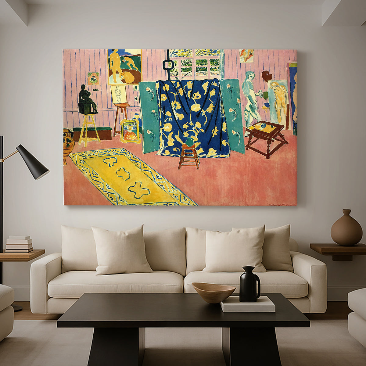 Canvas art print featuring an expressive interior of a bright pink workspace, displayed in a spacious living room
