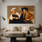 Canvas art print featuring a close interaction between two figures involving deception and gesture, displayed in a spacious living room