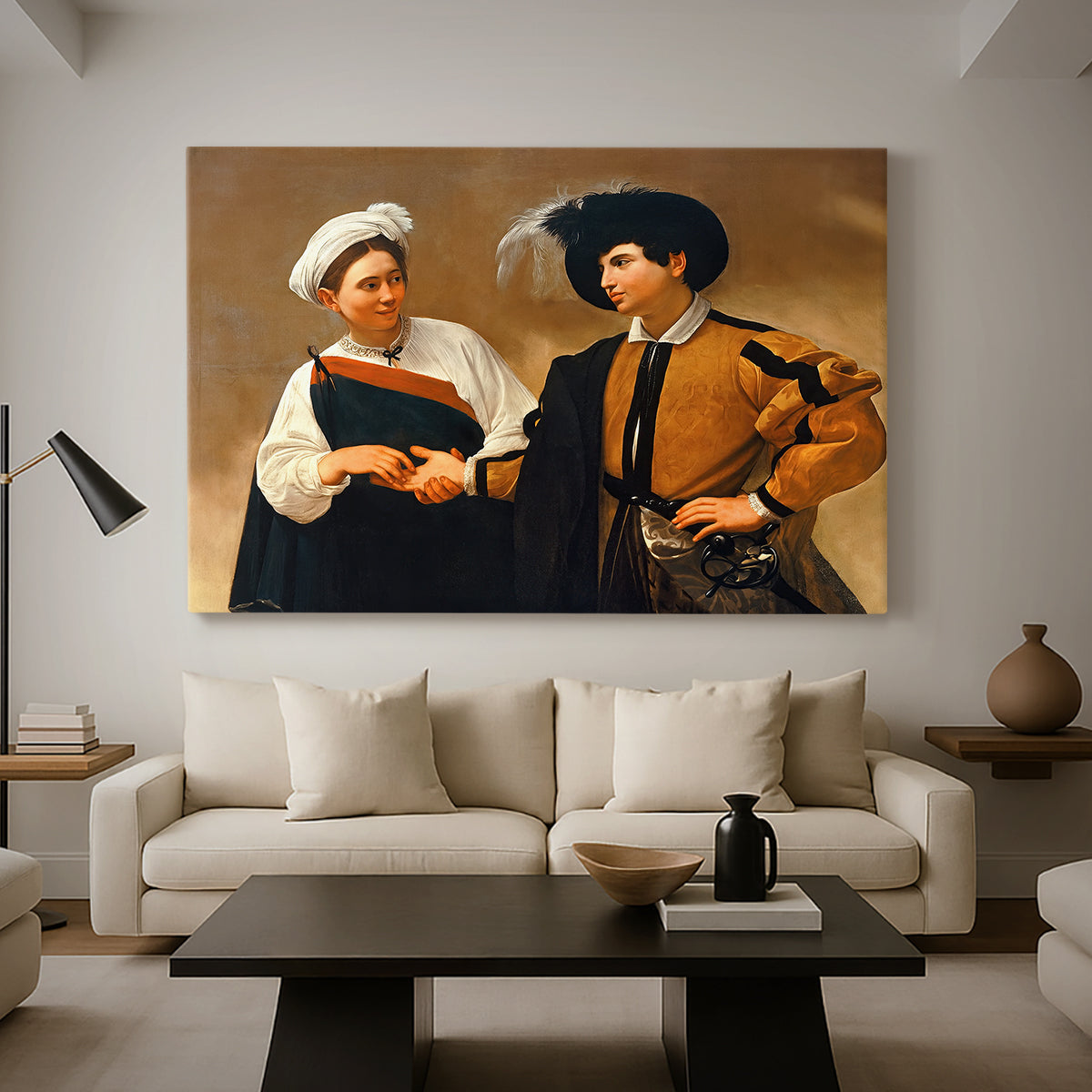 Canvas art print featuring a close interaction between two figures involving deception and gesture, displayed in a spacious living room