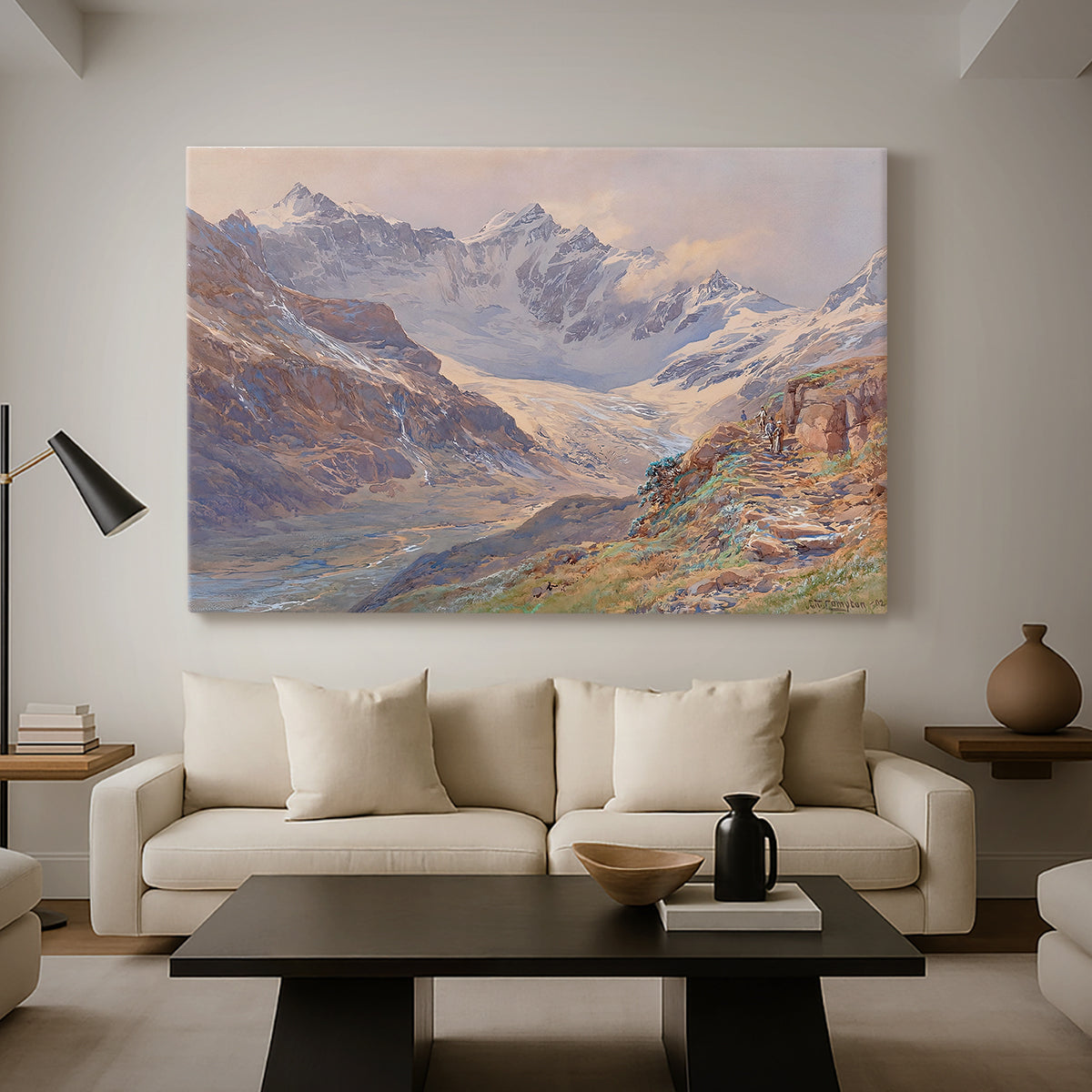 Canvas art print featuring a realistic depiction of high-altitude snowy peaks, displayed in a spacious living room