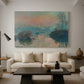 Canvas art print featuring an impressionist view of river at sunset with snowy banks, displayed in a spacious living room