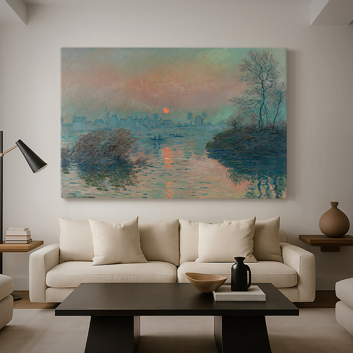 Canvas art print featuring an impressionist view of river at sunset with snowy banks, displayed in a spacious living room