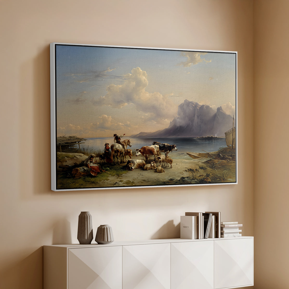 Shepherds and Cattle on Lake Attersee, 1852 - Floater Framed Canvas Print