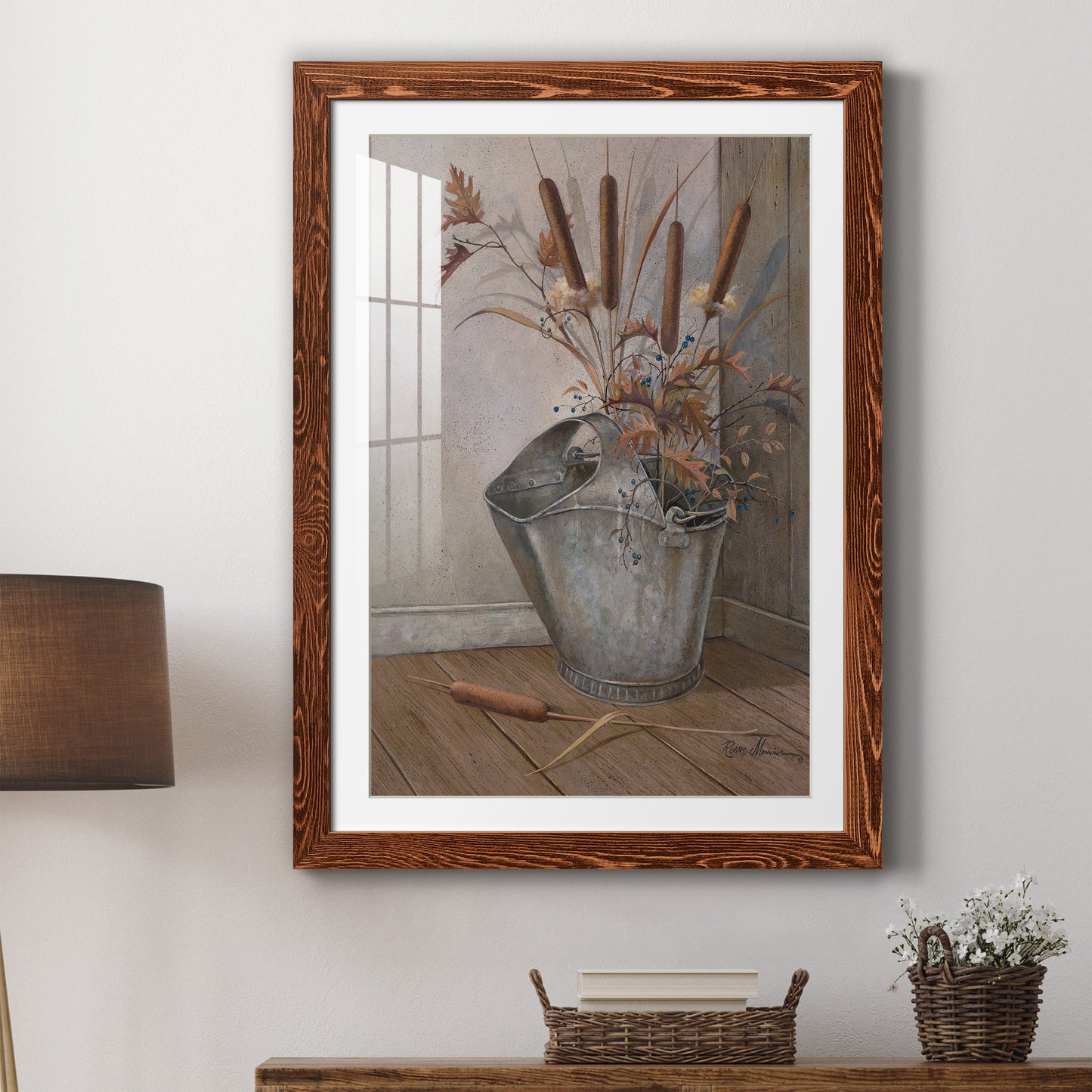 Berries & Cat Tails - Premium Framed Print - Distressed Barnwood Frame - Ready to Hang