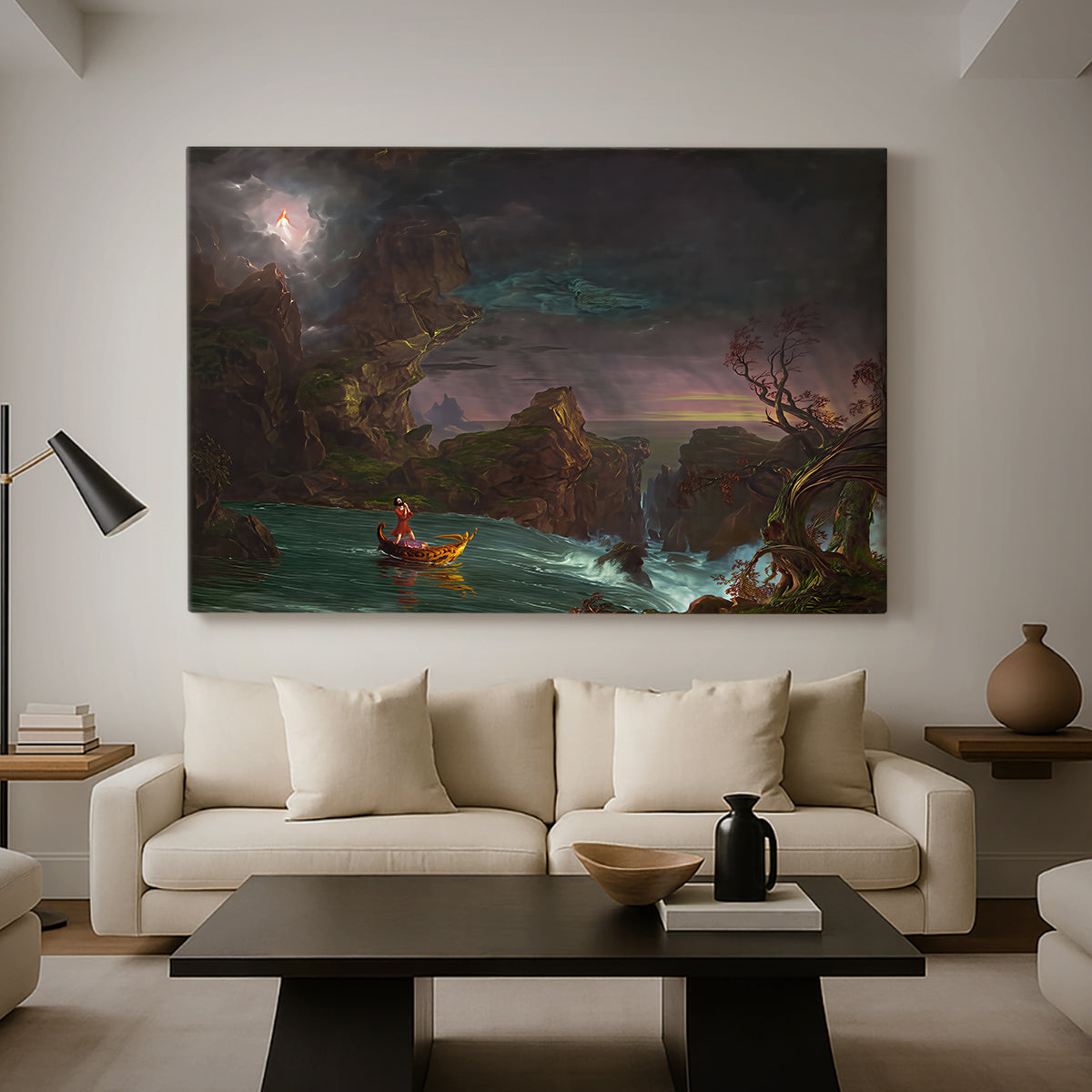 Canvas art print featuring a romantic composition emphasizing struggle and movement, displayed in a spacious living room
