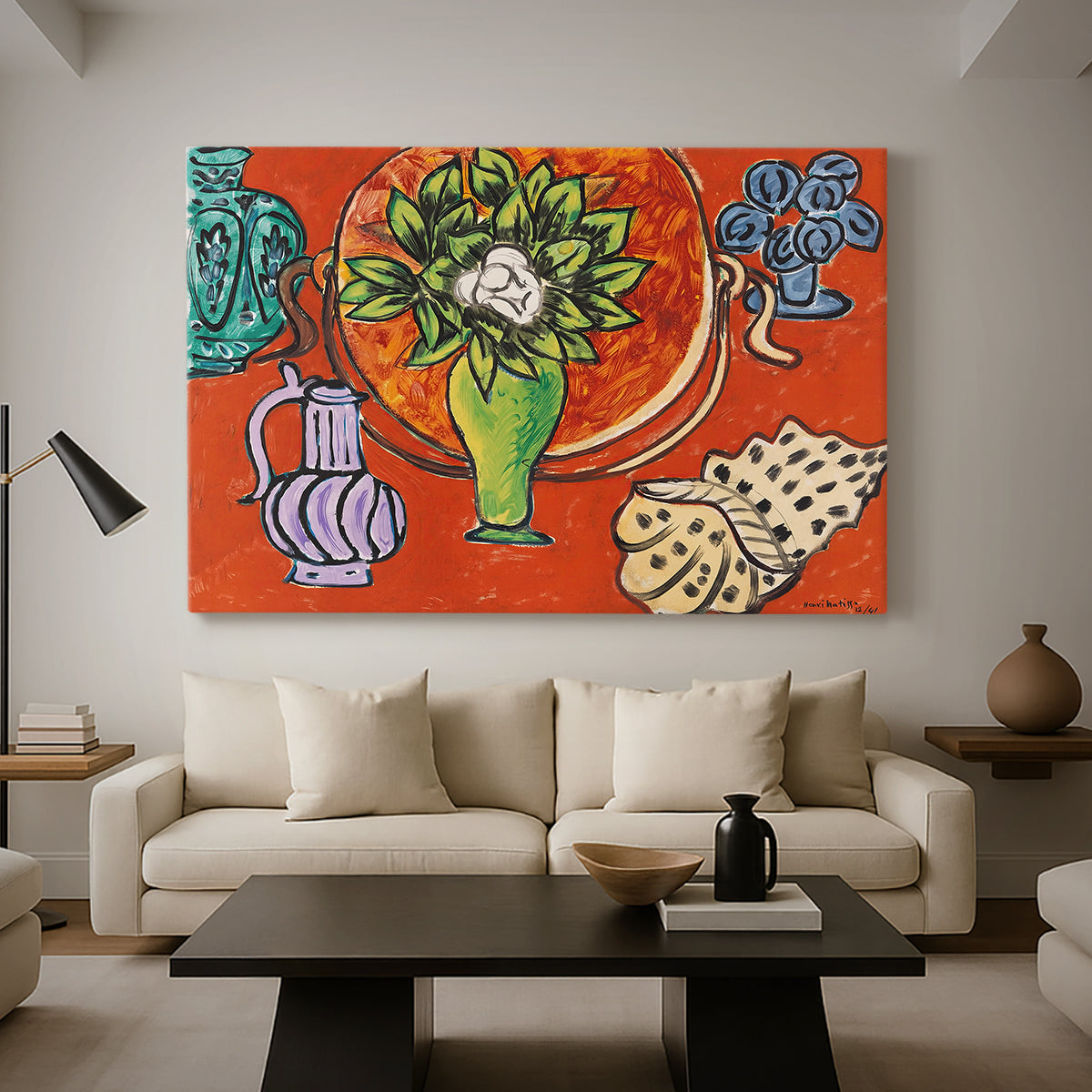 Canvas art print featuring an expressive vase of flowers in a colorful interior composition, displayed in a spacious living room