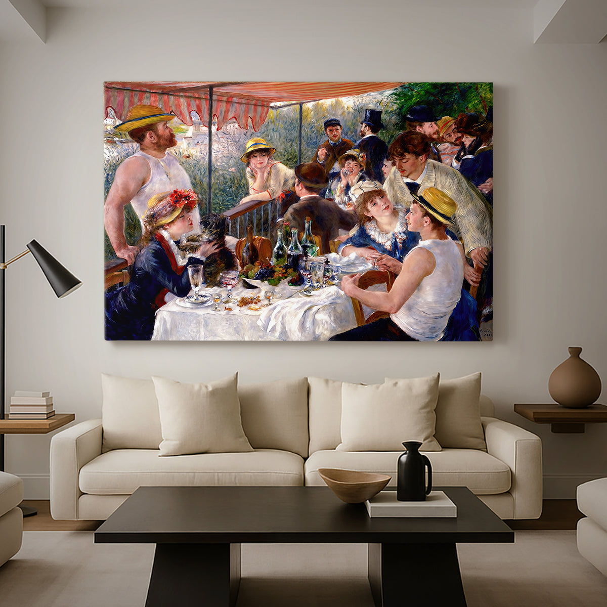 Canvas art print featuring an impressionist scene of friends enjoying lunch with wine and conversation, displayed in a spacious living room