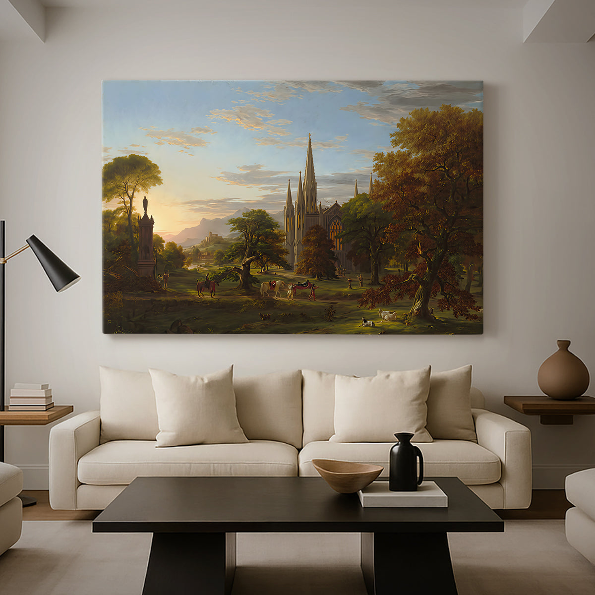 Canvas art print featuring a romantic composition showing movement toward distant buildings, displayed in a spacious living room
