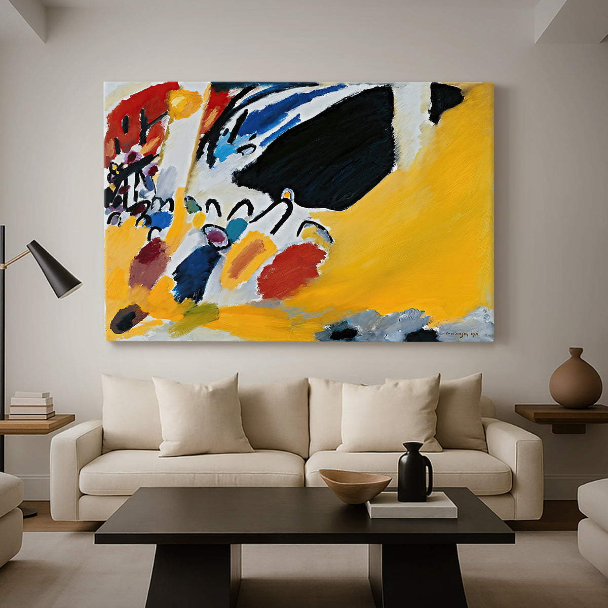 Canvas art print featuring a dynamic arrangement with strong tonal contrast and minimal structure, displayed in a spacious living room