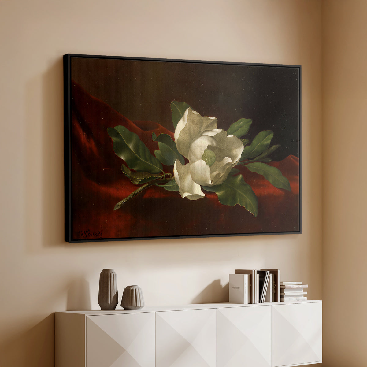 Magnolia on Red Velvet, c. 1885-1890 - Floater Framed Canvas Print