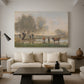 Canvas art print featuring a soft landscape with animals and reflective ground, displayed in a spacious living room