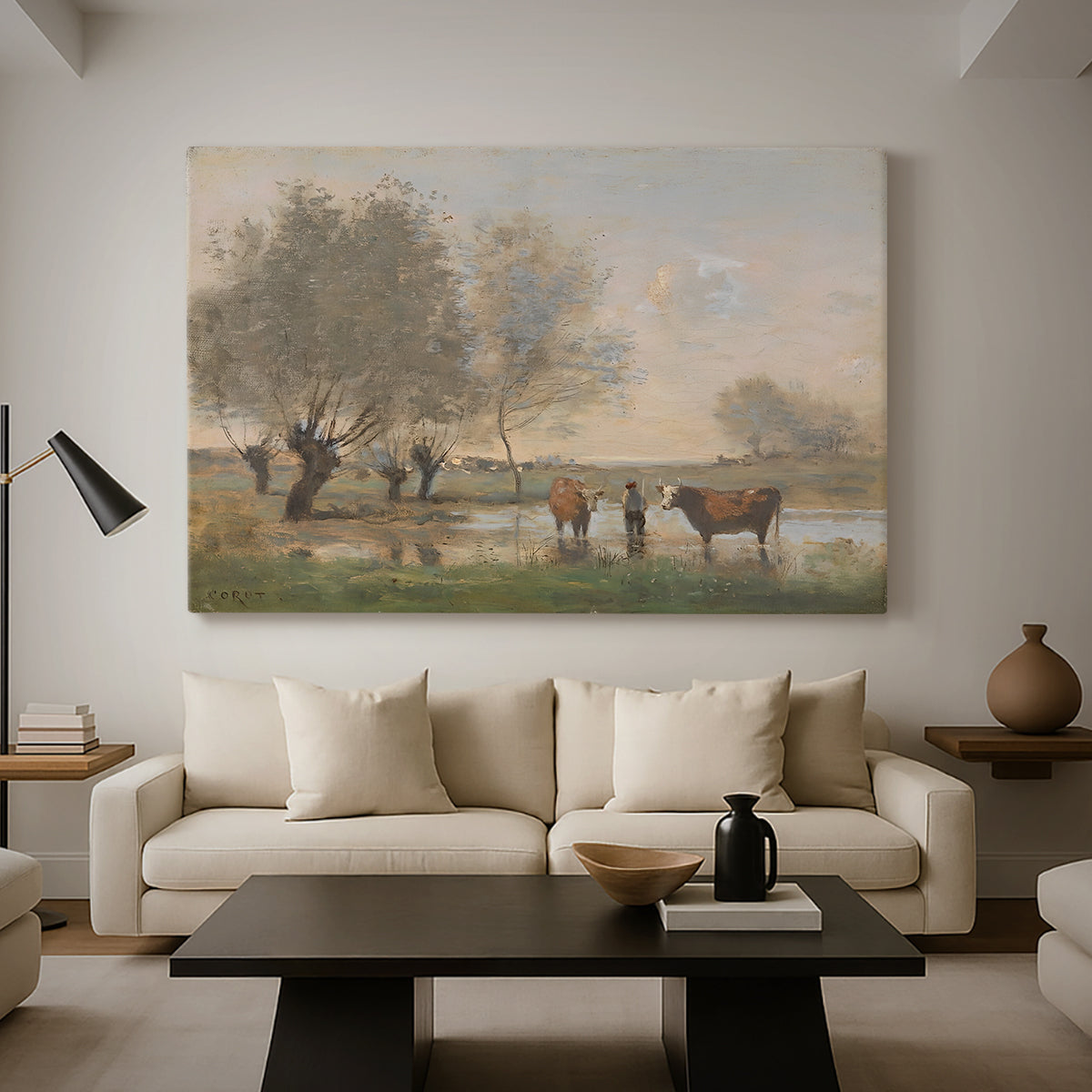 Canvas art print featuring a soft landscape with animals and reflective ground, displayed in a spacious living room