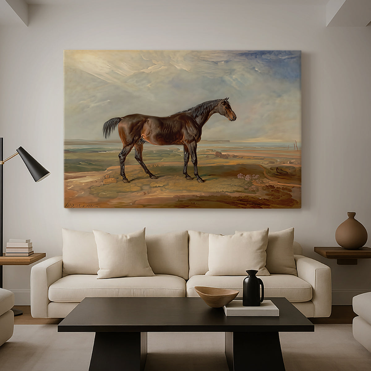 Canvas art print featuring a realistic depiction of horse in seaside terrain, displayed in a spacious living room