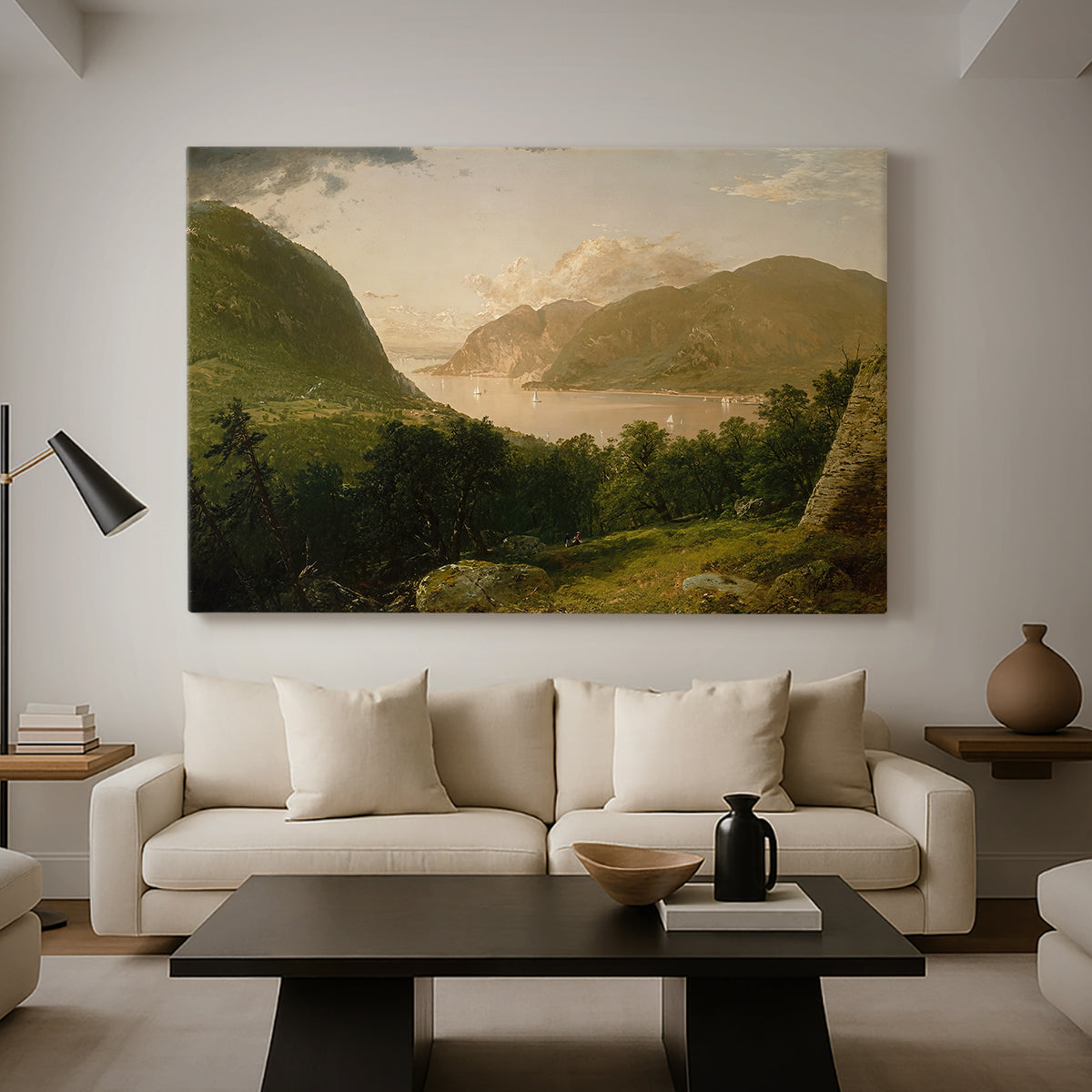 Canvas art print featuring a tranquil natural setting with river and horizon, displayed in a spacious living room