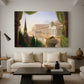 Canvas art print featuring an imaginative scene combining classical and monumental buildings, displayed in a spacious living room