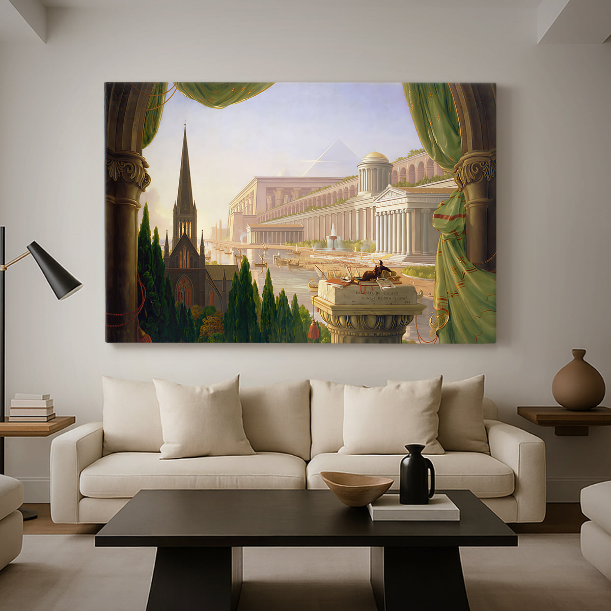 Canvas art print featuring an imaginative scene combining classical and monumental buildings, displayed in a spacious living room