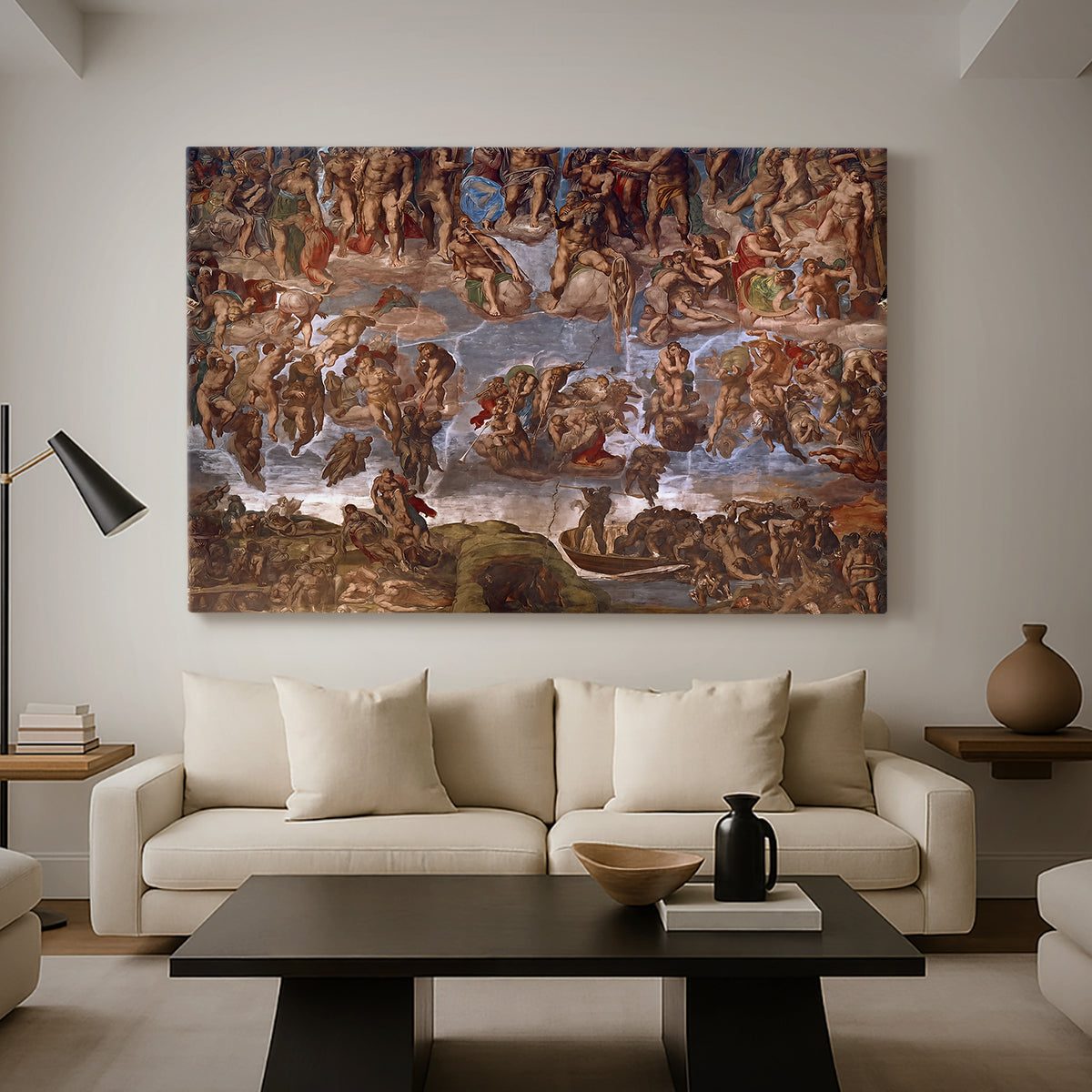Canvas art print featuring an expressive arrangement of bodies, displayed in a spacious living room