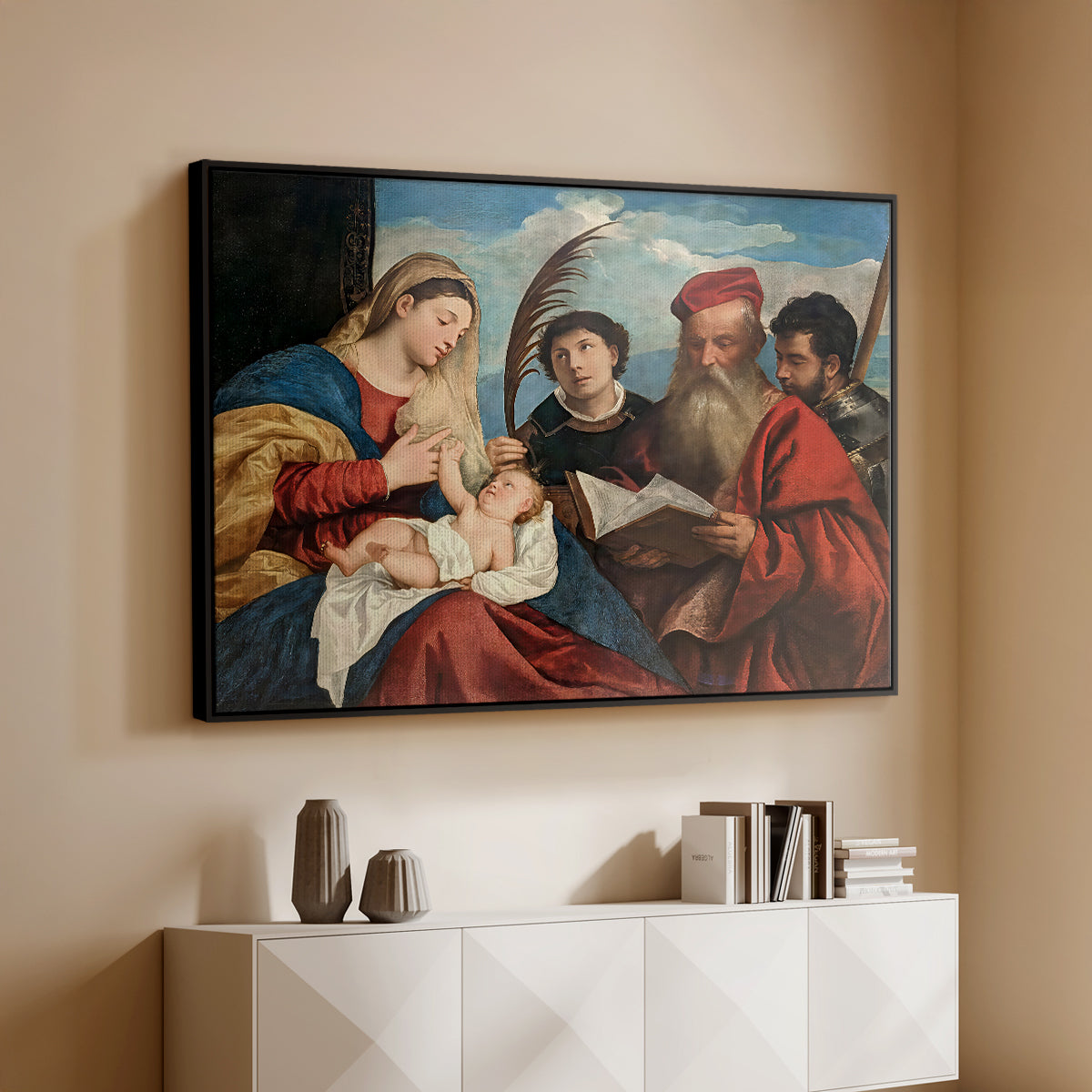 Mary and Child with Saints Stephen, Jerome and Maurice, c. 1510 - Floater Framed Canvas Print
