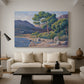 Canvas art print featuring a coastal composition with figures and color texture, displayed in a spacious living room