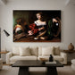 Canvas art print featuring an intimate interaction between two women with mirror and objects, displayed in a spacious living room