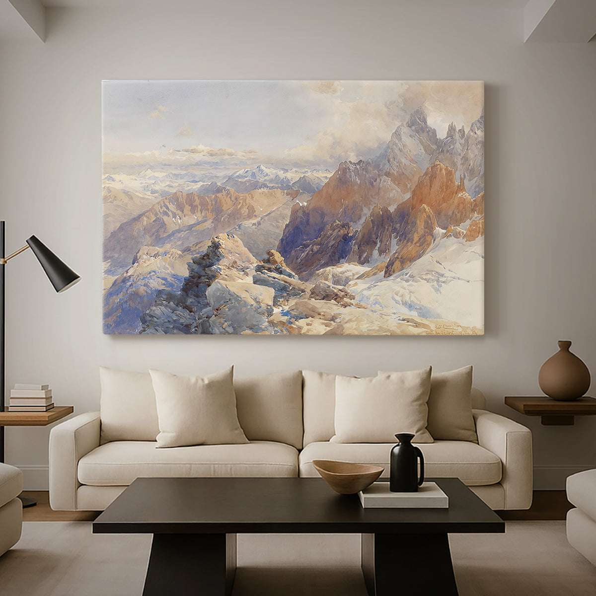 Canvas art print featuring a panoramic alpine view with snow and rocky cliffs, displayed in a spacious living room
