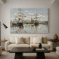 Canvas art print featuring a harbor view with tall ships lining the waterfront in muted tones, displayed in a spacious living room