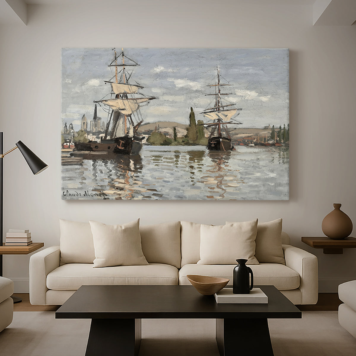 Canvas art print featuring a harbor view with tall ships lining the waterfront in muted tones, displayed in a spacious living room