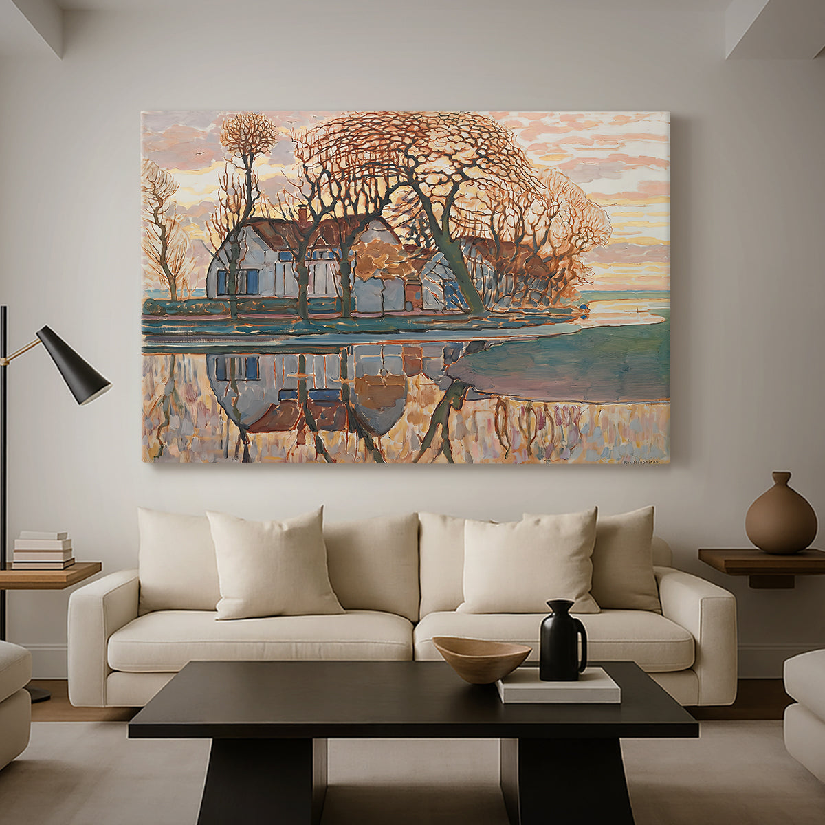 Canvas art print featuring a transitional abstraction, displayed in a spacious living room