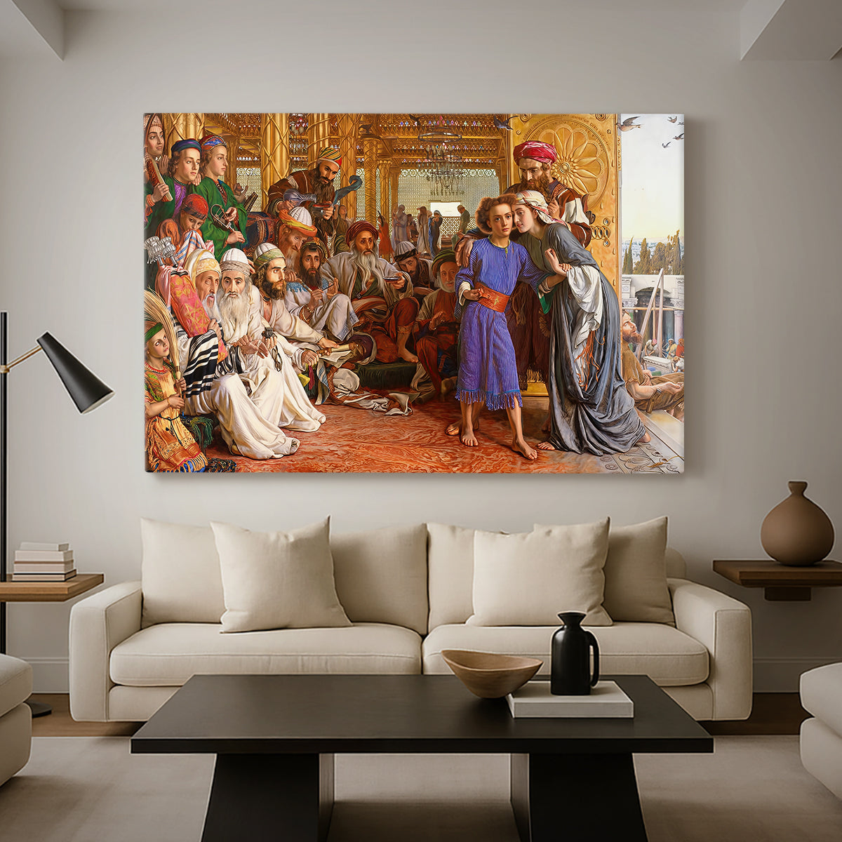 Canvas art print featuring a religious gathering with layered figures and interior depth, displayed in a spacious living room
