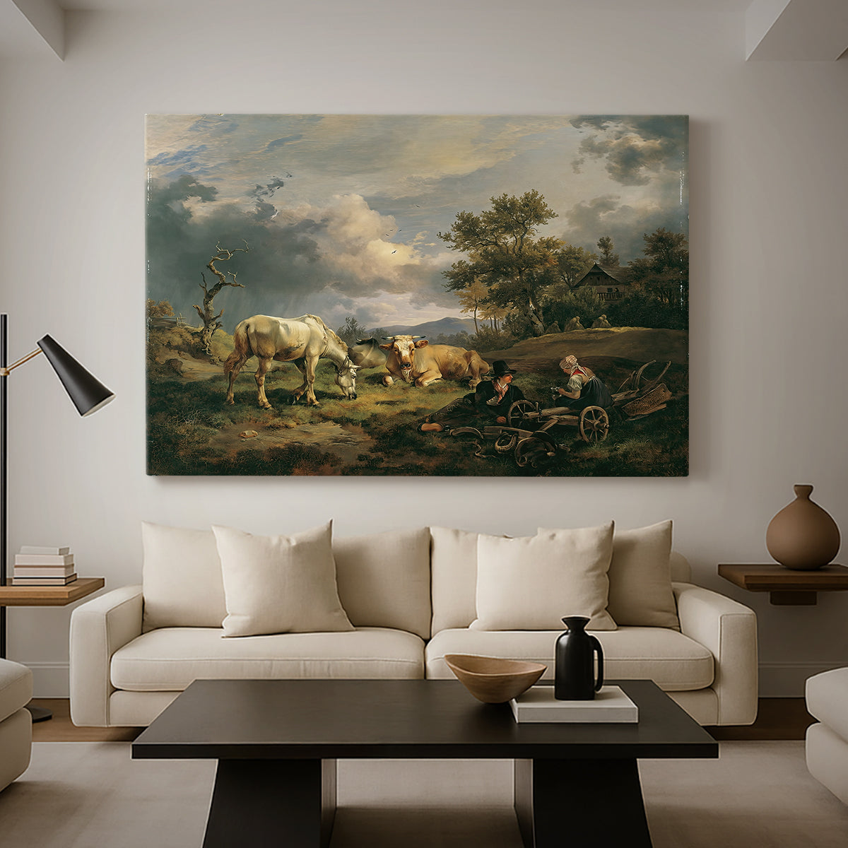 Canvas art print featuring a rural composition with human presence, displayed in a spacious living room