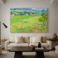 Canvas art print featuring a post-impressionist landscape emphasizing depth and color, displayed in a spacious living room