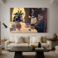 Canvas art print featuring an interior with figures and table setting, displayed in a spacious living room