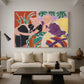 Canvas art print featuring an expressive interior composition centered on two figures, displayed in a spacious living room