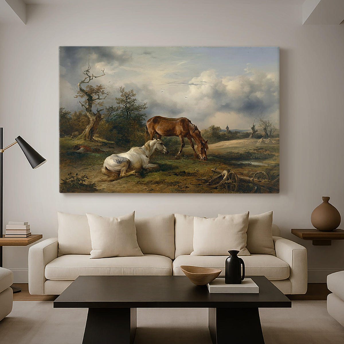 Canvas art print featuring a realistic livestock in rural setting, displayed in a spacious living room