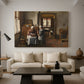 Canvas art print featuring an indoor composition showing family meal and interaction, displayed in a spacious living room