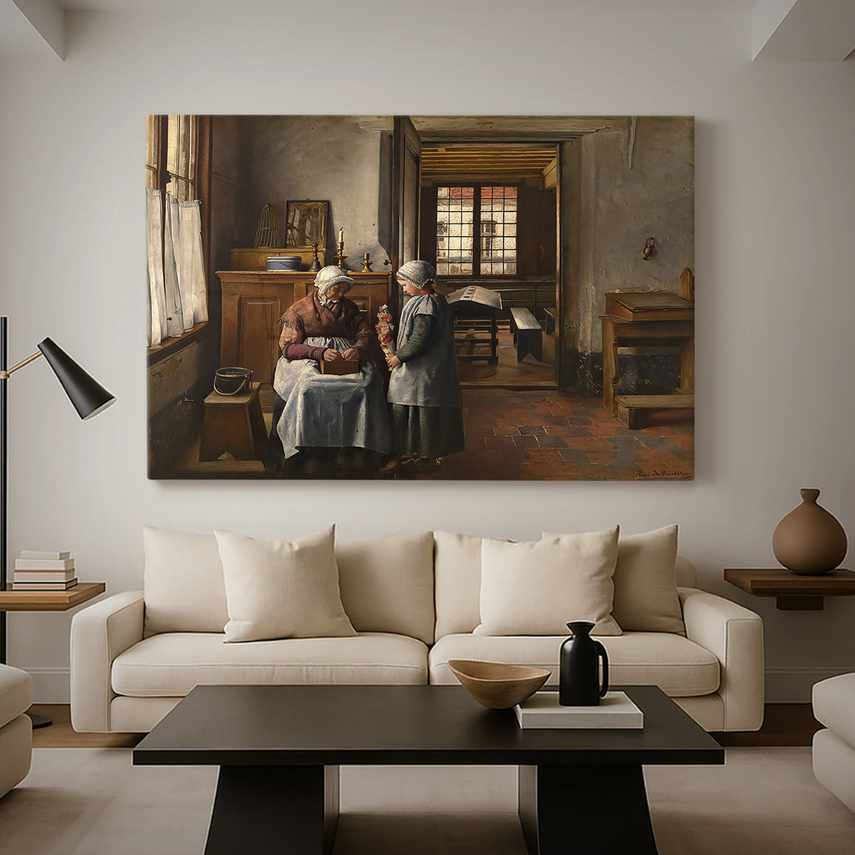 Canvas art print featuring an indoor composition showing family meal and interaction, displayed in a spacious living room