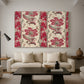 Canvas art print featuring a decorative composition featuring repeated botanical groupings, displayed in a spacious living room
